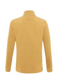 Pullover in pile giallo senape, caratterizzato da un collo alto, maniche lunghe e texture morbida. Nessun motivo o dettaglio visibile.