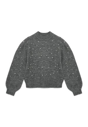 Maglione grigio lavorato a maglia con colletto alto, caratterizzato da una superficie testurizzata decorata con embellishments a forma di perle sparse. Silhouette cropped, maniche lunghe.