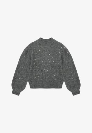 Maglione grigio lavorato a maglia con colletto alto, caratterizzato da una superficie testurizzata decorata con embellishments a forma di perle sparse. Silhouette cropped, maniche lunghe.