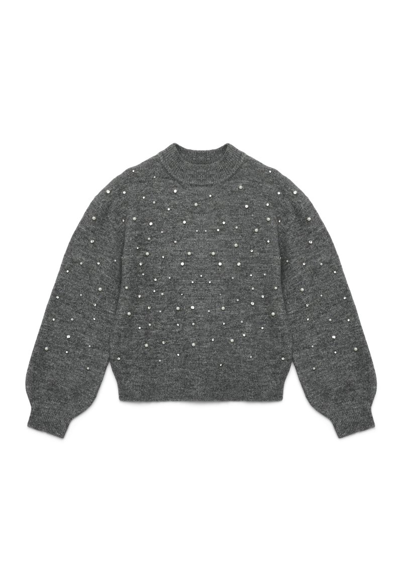 Grauer gestrickter Pullover mit hohem Kragen, der eine strukturierte Oberfläche aufweist, die mit verstreuten, perlenartigen Verzierungen geschmückt ist. Taillierte Silhouette, lange Ärmel.