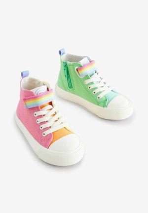 Høj-top sneakers med en overdel i lyserød, orange og grøn canvas, hvid gummisål og multifarvet stribet Velcro-rem.