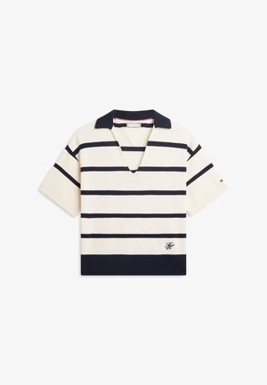 Cremefarbenes Kurzarm-Strickpoloshirt mit navyblauen horizontalen Streifen, V-Ausschnitt, kontrastierendem Kragen und besticktem Logo am linken Saum.
