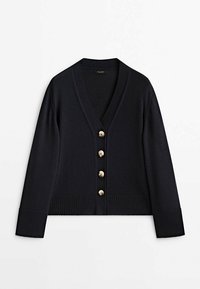 Granatowy sweter dzianinowy z dekoltem w serek, pięcioma złotymi guzikami z przodu oraz prążkowanym wykończeniem u dołu i przy mankietach. Gładka struktura z dopasowanym krojem.