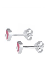 Silberne, herzförmige Ohrstecker mit pinkem Emaillezentrum und klarem Edelsteinakzent. Mit geradem Post und Butterfly-Verschluss.