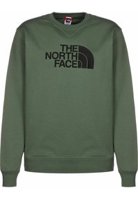 Felpa verde oliva in misto cotone, con scollo tondo, maniche lunghe e un logo nero prominente sul petto.