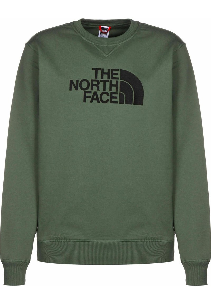 Felpa verde oliva in misto cotone, con scollo tondo, maniche lunghe e un logo nero prominente sul petto.