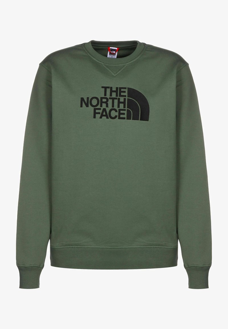 Felpa verde oliva in misto cotone, con scollo tondo, maniche lunghe e un logo nero prominente sul petto.