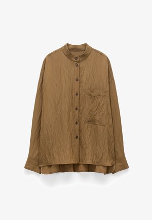 Brown button-up shirt with a mandarin collar, long sleeves, textured fabric, and a single chest pocket. Features five buttons down the front.