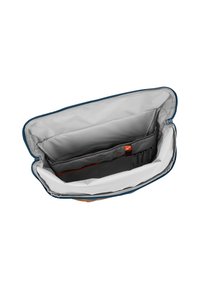 Borsa per laptop imbottita blu e marrone con interno grigio, dotata di più scomparti e tasche per l'organizzazione. Chiusura a zip.