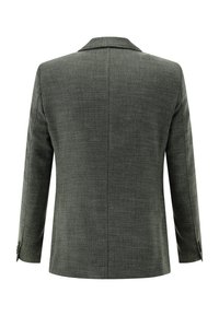 Grauer Blazer mit Struktur, tailliert geschnitten, mit Stegkragen, langen Ärmeln und Knopfmanschetten. Rückansicht gezeigt.