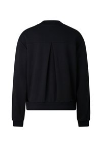 Schwarzer Pullover mit geripptem Rundhalsausschnitt und Saum, mit einer Rückenfalte und langen Ärmeln. Hergestellt aus weichem, strukturiertem Stoff.