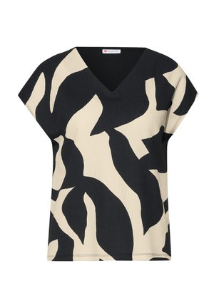 Svart och beige kortärmad topp med V-hals, med ett abstrakt bladmönster och en strukturerad tygyta.