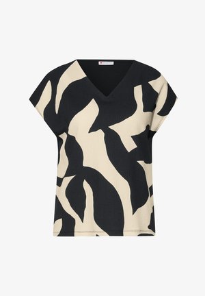Czarna i beżowa bluzka z krótkim rękawem w serek, z abstrakcyjnym wzorem liści i teksturowanym wykończeniem materiału.