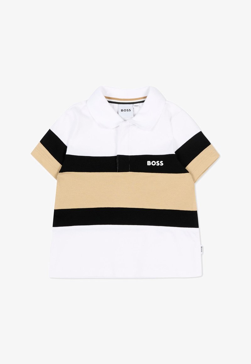 Polo blanc pour tout-petits avec des rayures horizontales beige et noires et le logo "BOSS" sur la poitrine, manches courtes et col.