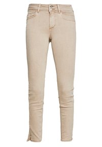 Beige skinny jeans valmistettu denimmateriaalista, jossa on etupainike sulku, hienovaraisia ompelusaumoja ja pienet halkiot nilkassa.