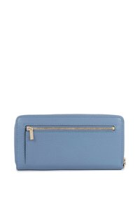 Leather wallet in light blue. Features a textured surface, a gold-toned zipper pocket on the front, and rectangular shape with stitching details.