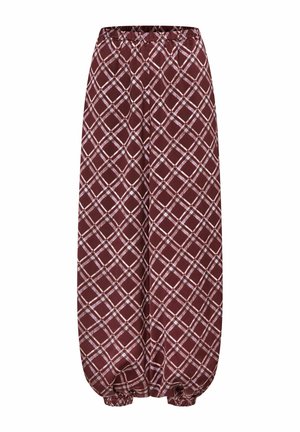 Weinrote Hosen mit weitem Bein und weißem Kreuzgitter-Karomuster, elastischem Bund und gesammelten elastischen Bündchen an den Knöcheln.