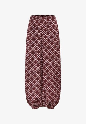 Pantalon large bordeaux à motif à carreaux blancs croisés, taille élastique et poignets élastiqués froncés aux chevilles.