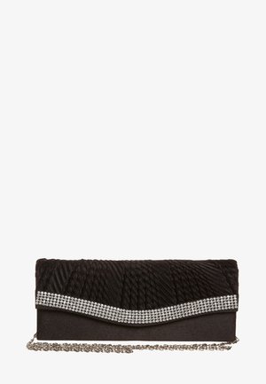 Schwarze Satin-Clutch mit strukturierten Falten, verziert mit einer geschwungenen Reihe silberner Strasssteine und einem abnehmbaren silbernen Kettenriemen.