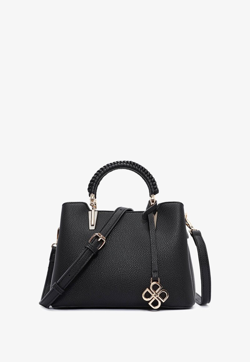Borsa a tracolla nera in pelle con finitura testurizzata, manico intrecciato, tracolla rimovibile, hardware in tono oro e un ciondolo decorativo.