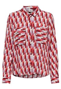Blusa a maniche lunghe con motivo geometrico rosso e bianco, due tasche frontali, chiusura con bottoni e colletto classico. Tessuto morbido.