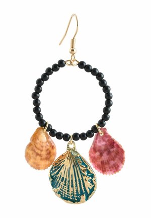 Gold hook earring with a black beaded hoop featuring three hanging scallop-shaped charms, two natural shells and one gold with blue enamel.
