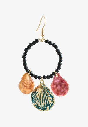 Gold hook earring with a black beaded hoop featuring three hanging scallop-shaped charms, two natural shells and one gold with blue enamel.