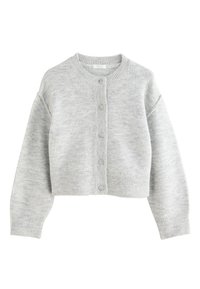 Cardigan corto grigio realizzato in morbido materiale lavorato a maglia, con scollo rotondo, bottoni frontali e polsini e orlo a coste.