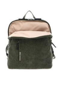 Sac à dos en velours côtelé vert foncé avec fermeture éclair, doublure intérieure beige, poche zippée à l'avant et poignée supérieure pour le transport.