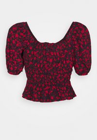 Top nero con motivo floreale rosso. Presenta maniche a sbuffo, scollatura quadrata e vita arricciata per un look aderente. Tessuto morbido.