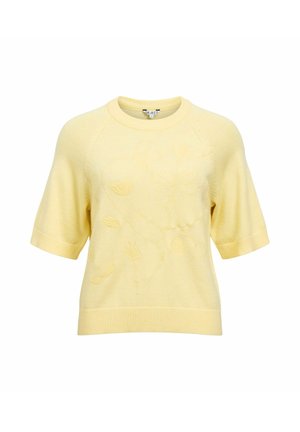 Pull en maille jaune à manches courtes avec une broderie florale subtile, des poignets et un ourlet côtelés, doté d'un col rond.