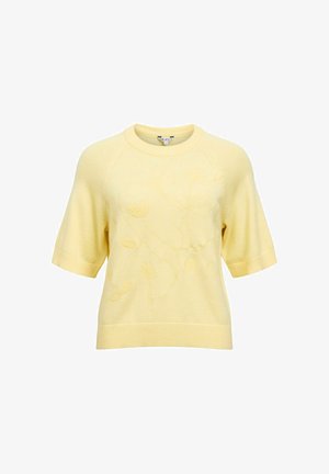 Pull en maille jaune à manches courtes avec une broderie florale subtile, des poignets et un ourlet côtelés, doté d'un col rond.