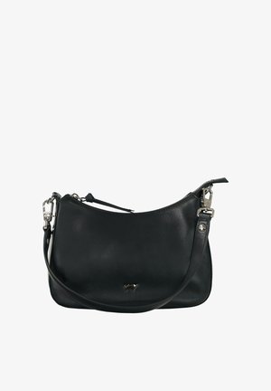 Borsa a tracolla in pelle nera con ferrature argentate, chiusura a zip e tracolla removibile su sfondo bianco.