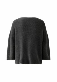 Dark gray oversized sweater with a soft, textured finish, featuring a wide neckline and three-quarter length sleeves.