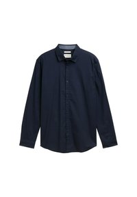 Camicia a maniche lunghe blu navy con bottoni e colletto, design semplice e orlo leggermente curvo, esposta su uno sfondo bianco.