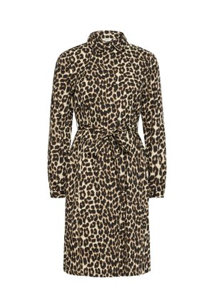 Leopardprint shirtjurk van lichte stof. Bevat een kraag, lange mouwen, knoopsluiting en een tailleband voor aanpassing.