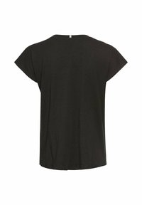 Zwart T-shirt met korte mouwen, een relaxte fit, een ronde halslijn en een subtiele achterkant. De stof heeft een gladde textuur, geschikt voor casual draag.
