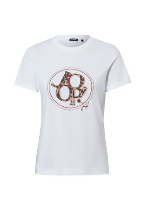 White short-sleeve t-shirt with a round neckline featuring a central circular design with leopard print letters spelling "JOOP!"
