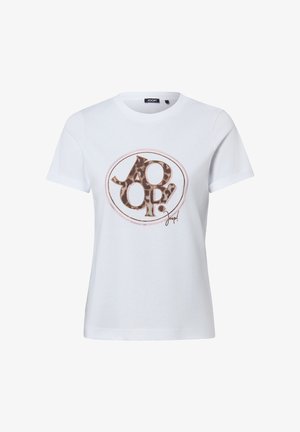 White short-sleeve t-shirt with a round neckline featuring a central circular design with leopard print letters spelling "JOOP!"