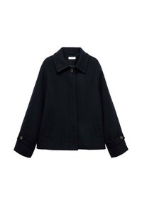 Veste en laine bleu marine avec un large col, fermeture par boutons, deux poches avant et des manches retroussées avec des accents en bouton.