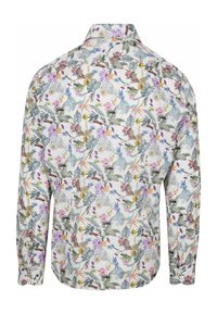 Langemouwen shirt met een witte basis, voorzien van een multikleurig bloemen- en bladerenpatroon. Knopsluiting kraag en afgeronde zoomdetail.