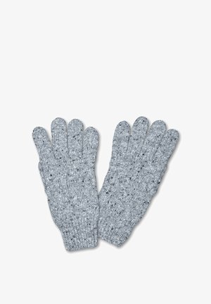 Guanti in maglia grigia con un design testurizzato e macchie nere, stile a cinque dita e polsini a coste per una vestibilità aderente.