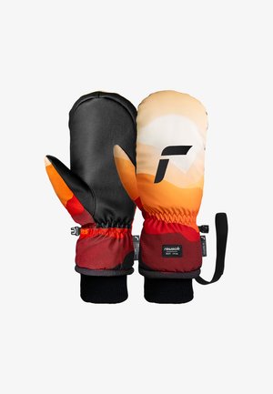 Bunte Winterhandschuhe mit einer schwarzen Lederhandfläche, leuchtend orangefarbigem und rotem Stoff, elastischem Bündchen und Logo-Detail auf der Rückseite.