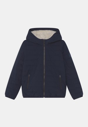 Navy blue puffer jacket with a lined hood, zip front, and two side pockets, featuring stitched pattern and elastic cuffs.