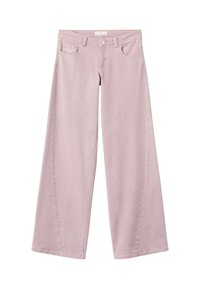 Jeans de pierna ancha en rosa, fabricados en denim, con tachuelas plateadas a lo largo de las costuras laterales y un diseño clásico de cinco bolsillos.