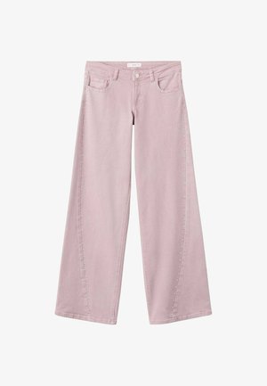 Jeans roz cu picioare largi, din denim, cu ținte argintii pe cusăturile laterale și un design clasic cu cinci buzunare.