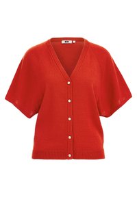 Punainen neulecardigan, jossa on V-pääntie, lyhyet hihat ja viisi nappia edessä. Kankaassa on sileä rakenne ja mieto rento istuvuus.
