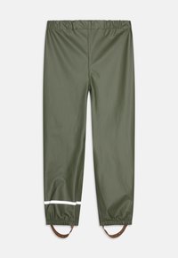 Waterdichte olijfgroene broek met een elastische tailleband, witte reflecterende streep en bruine bandaccenten bij de boorden. Glad van textuur.