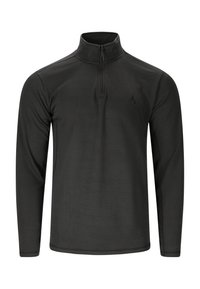 Schwarzer Pullover mit langen Ärmeln, hohem Kragen und Frontreißverschluss, dezentes Logo auf der linken Brust, schlichte Gestaltung.