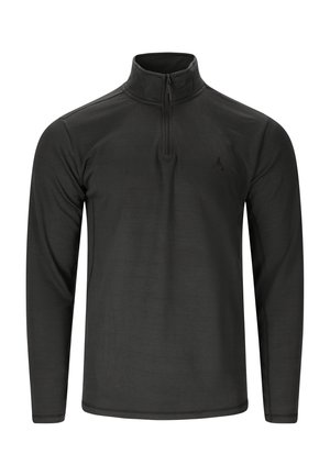 Sort langærmet trøje med høj krave og frontlynlås, diskret logo på venstre bryst, enkelt design.